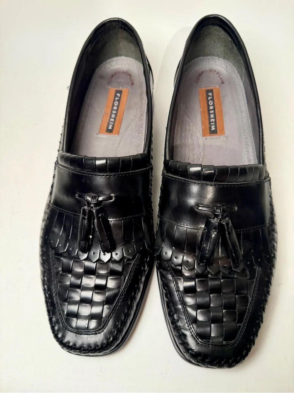 FLORSHEIM Black Leather Dress Shoes Woven Front Vamp Tassel Loafers Sz. 10.5 D